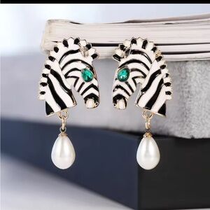 Zebra Drop Earrings with Pearl Accents